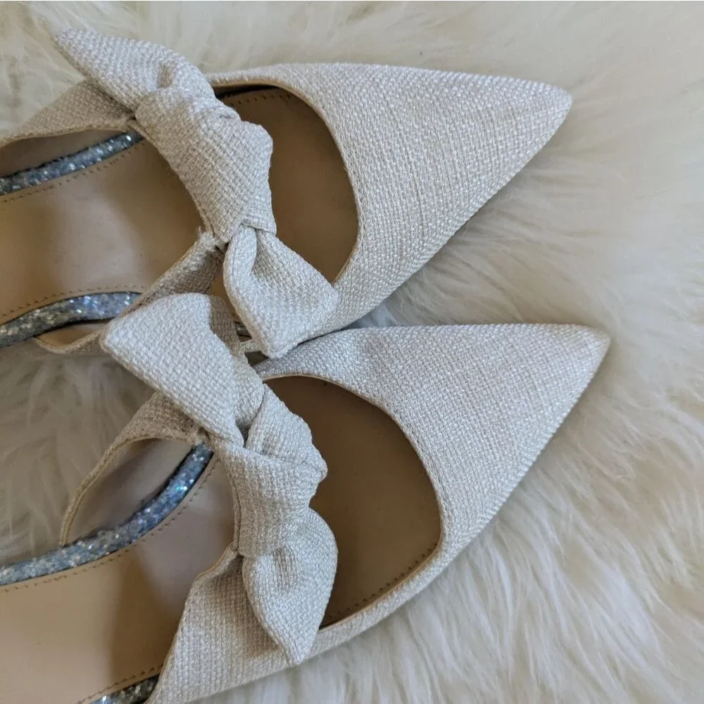 J.Crew Sophia Linen Glitter Pointed Kitten Heel Mules Off White Beige Silver 7.5